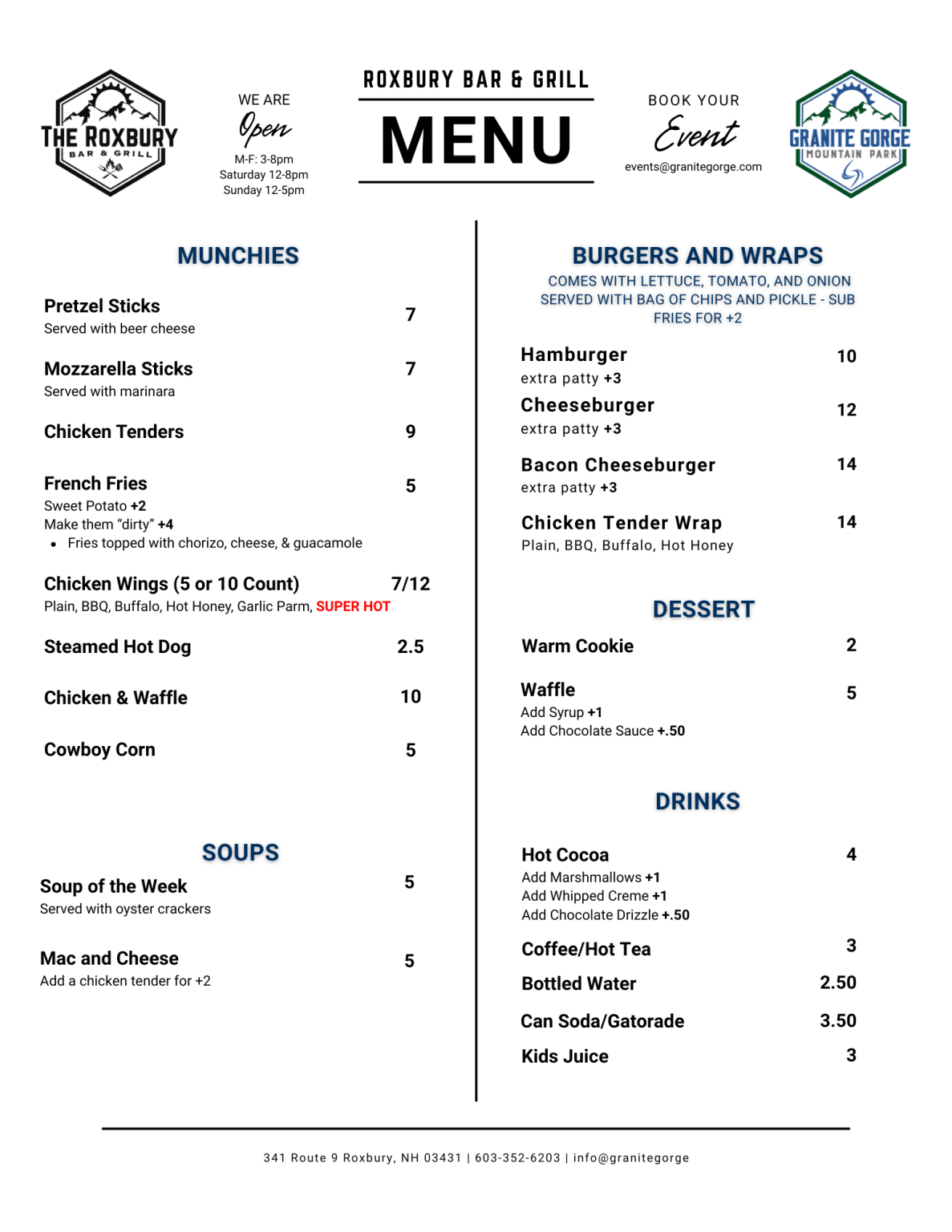 Roxburgh Rise Menu Roxbury Bar & Grill Menu - Granite Gorge Mountain Park